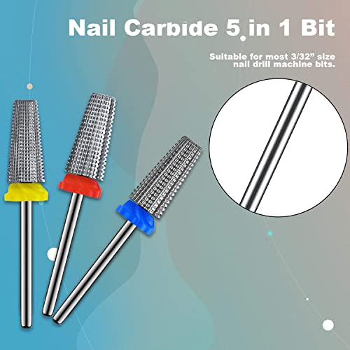 3Pcs Carbide 5 in 1 Nail Drill Bit Set- Two Way Rotate Use for Both Left and Right Handed- XF£¬ F£¬ M 3/32 Inches Brocas Para Drill Nails for Acrylic Nail Gel Fast Remove