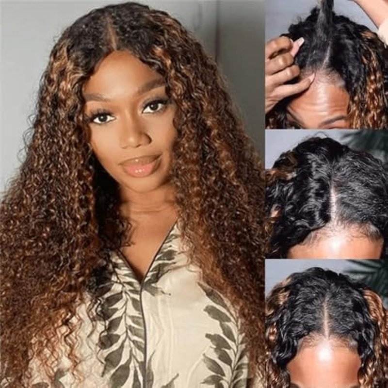 Ainmeys Curly V Part Wigs Ombre Brown V Shape Wigs for Black Women No Leave Out Lace Front Wigs Upgrade U Part Wigs Glueless Full Head Clip In Half Wigs(#FB30 18IN)
