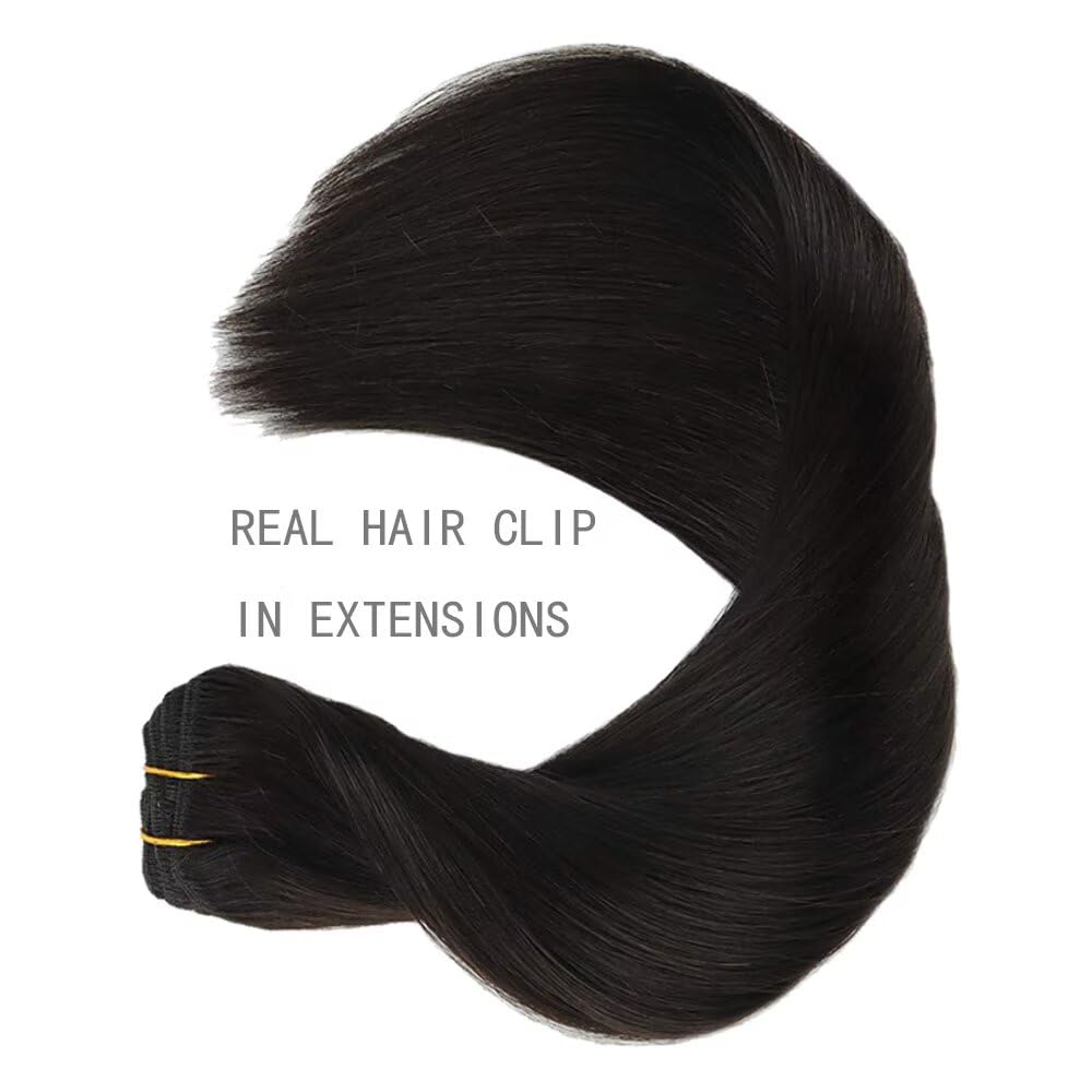 Real Human Hair Clip in Hair Extensions ailiceehr 16inch Clips in Human Hair Extension Striaght 8Pcs Double Weft Thick and Soft Natural Black 90g.