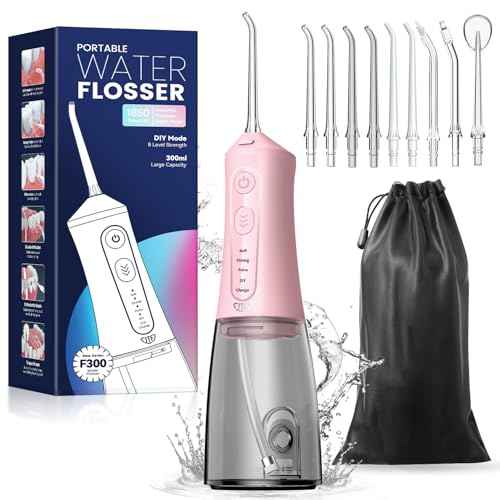 JTF Water Dental Flosser Picks for Teeth - 4 Modes Cordless Oral Irrigator, 300ML Portable Water Flosser & Rechargeable IPX7 Waterproof Water Teeth Cleaner for Home Travel with 9 Jet Tips (Pink)
