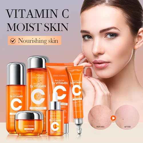 Skin Care Set Kit Vitamin C Korean Skincare Set Skin Care for Kids Includes Toner, Serum,Cleanser Gift Set for Women Teens Girls (6pcs Full Size Set)