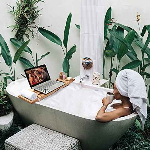 Bathtub Tray Ohuhu Premium Bamboo Bathtub Caddy Tray Expandable Foldable Bath Tray with Anti-Slip Grips Soap Wine Phone Holder Mothers Day