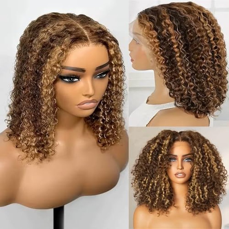 Highlight Ombre 13x6 Bob Wig Human Hair Deep Curly Frontal Lace Wig Human Hair HD Transparent Lace Front Wigs Pre Plucked Lace Frontal Wigs 16 Inch