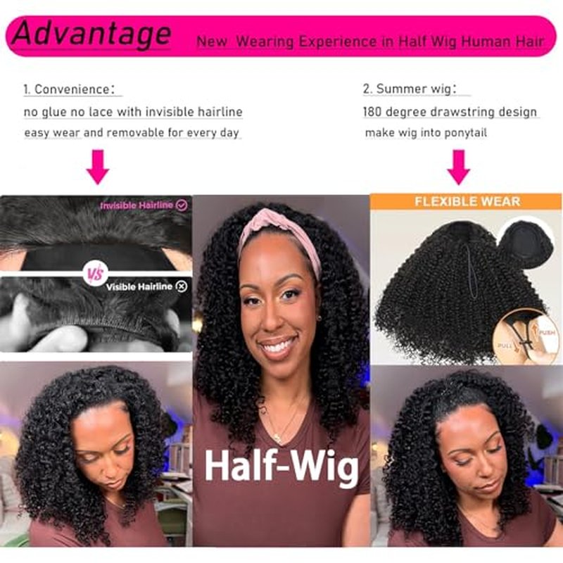 Half Wig Human Hair 3 In 1 Special Curly Half Wigs for Black Women 200% Density Wear and Go Glueless Wig Drawstring Ponytail Seamless Flip Over No Lace Headband Wig Beginner Friendly 20 Inch