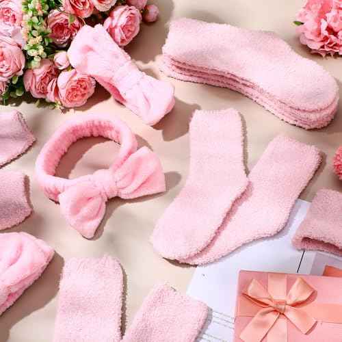 24 Pcs Pink Spa Party Favors Sleepover Party Supplies for Girls Include 12 Spa Headband, 12 Fuzzy Socks for Slumber, Bachelorette, Pajama Gift