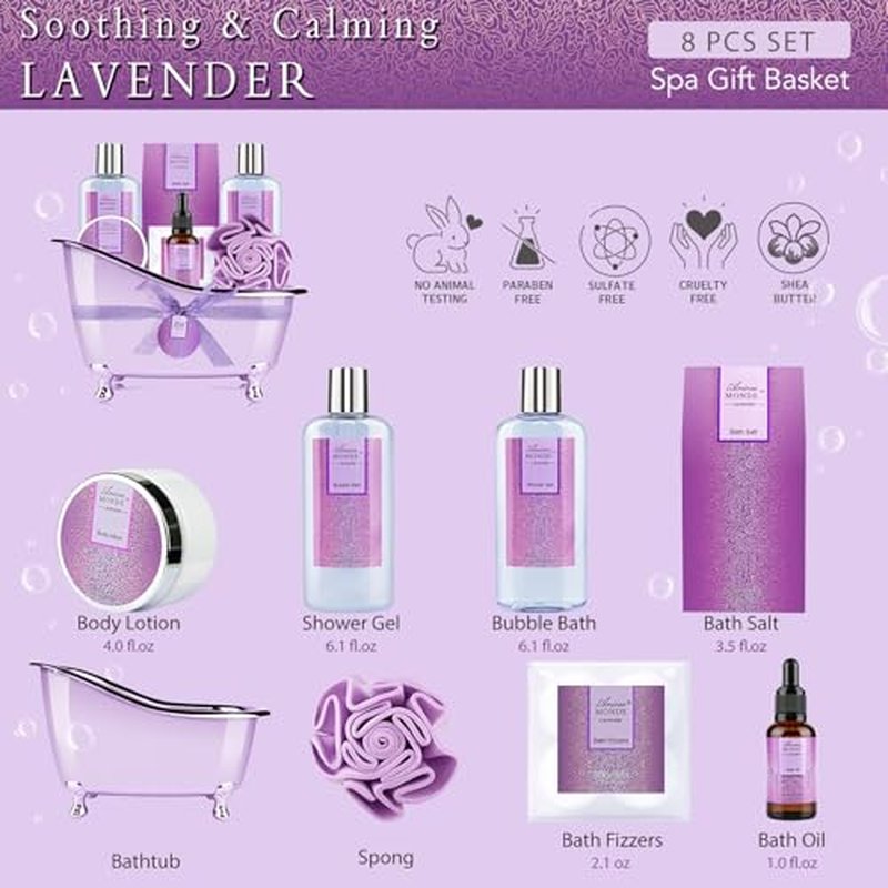 Bath Sets for Women Gift, Bath and Body Gifts Set, Lavender Spa Gift for Self Care Includes Body Lotion, Shower Gel, Bath Salts, Relaxing Bath Sets for Mom, Grandma, Girlfriend, Sister, Friends
