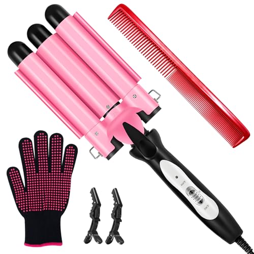 3 Barrel Curling Iron - 1" Professional Ceramic Hair Crimper with Dual Voltage & 2 Temperature Settings | 25mm Triple Barrel Waves Wand for Fast Heating Styling | Pink