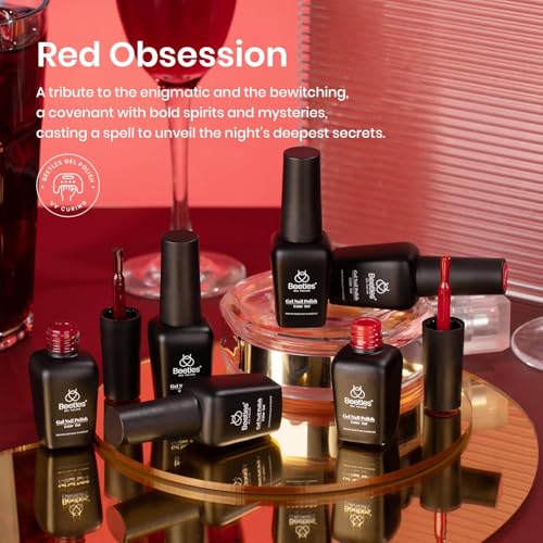 Beetles Red Gel Polish Set - 6 Colors Burgundy Red Gel Nail Polish Popular Shimmer Red-Obsession Collection Nails Art Design Soak Off Uv LED Nail Kit Minicure DIY Home Christmas Nails Set