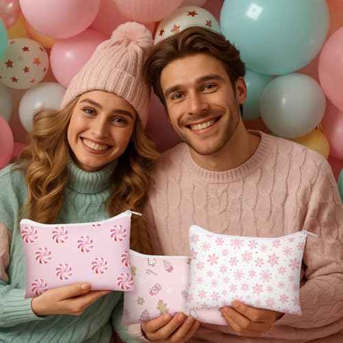 40 Pcs Pink Christmas Theme Makeup Bags Bulk Xmas Trees Snowman Snowflake Zipper Pouch Purse Christmas Cosmetic Gifts Xmas Party Favors for Women Employee Gifts Coworker Nurse Teachers
