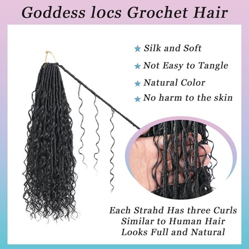 9 Packs Crochet Hair 30Inch Goddess Locs with Curly Ends Long Bohemian River Pre Looped Crochet Hair for Black Women(30inch,1B)