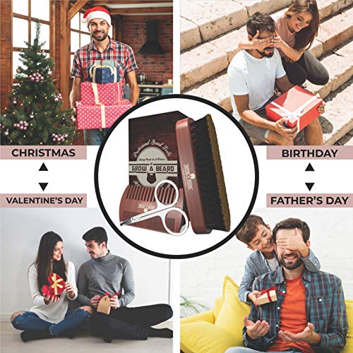 Beard Brush For Men & Beard Comb Set w/Mustache Scissors Grooming Kit, Natural Boar Bristle Brush, Dual Action Wood Comb, And Travel Bag Great For Christmas Gift