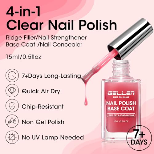 GELLEN 4?in?1 Clear Nail Polish Base Coat Sheer Tinted Red, Ridge Filler, Nail Strengthener & Concealer, Calcium Formula Strengthen Nails, Natural Color Enhance Natural Look, HEMA Free, Anti Yellow