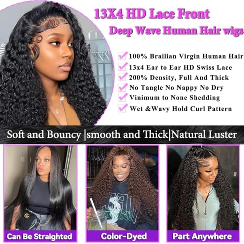Rozilo Aomllute Deep Wave Lace Front Wigs Human Hair Wigs for Women 200 Density 13x4 HD Deep Curly Lace Front Wig Human Hair Glueless Lace Front Wig Human Hair Pre Plucked 24 Inch