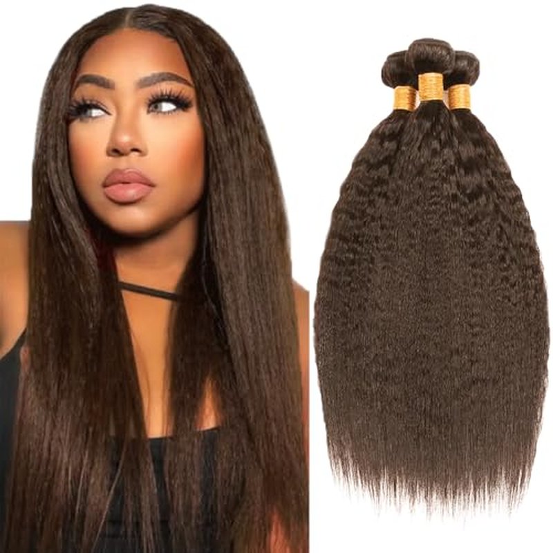 Dark Brown Yaki Straight Human Hair Bundles Remy Hair 3 Bundles 26 28 30 Inch Chocolate Brown Kinky Straight Color #4
