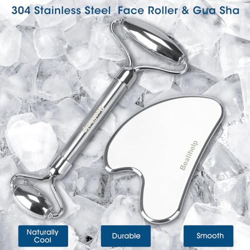 Face Roller and Gua Sha, Stainless Steel Facial Roller and Guasha Tool for Face, Skin Care Roller for Wrinkles and Lifting, Improve Puffiness, Metal Face Massager for Eyes, Neck Tighten