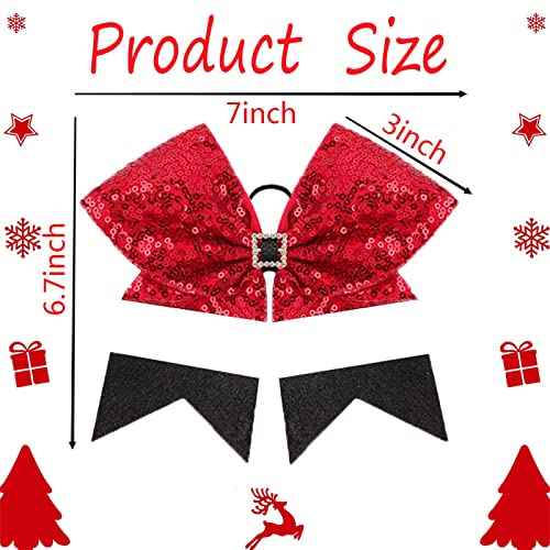 4pcs Christmas Large Cheer Hair Bows,7Inch Xmas Boutique Cheerleader Bows Accessories with Shiny Squares Hair Bows Elastic for Women Kids Toddlers Teens(Red, white and black)