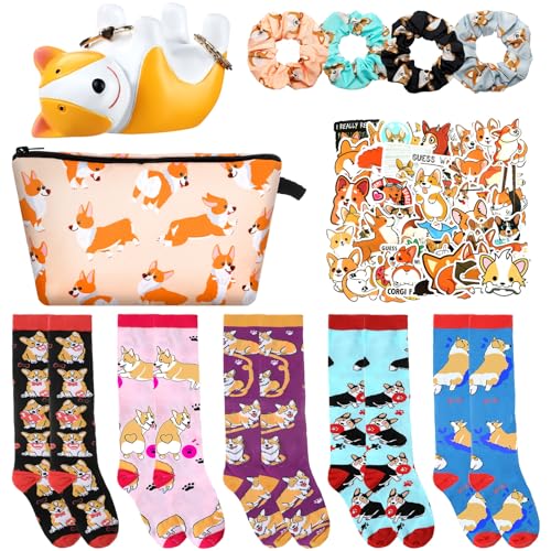 Hotop 61 Pcs Corgi Gifts Set for Dog Lovers Includes Corgi Socks Makeup Bag Ring Holder Cute Stickers Hair Scrunchies for Women Girls Dog Lovers