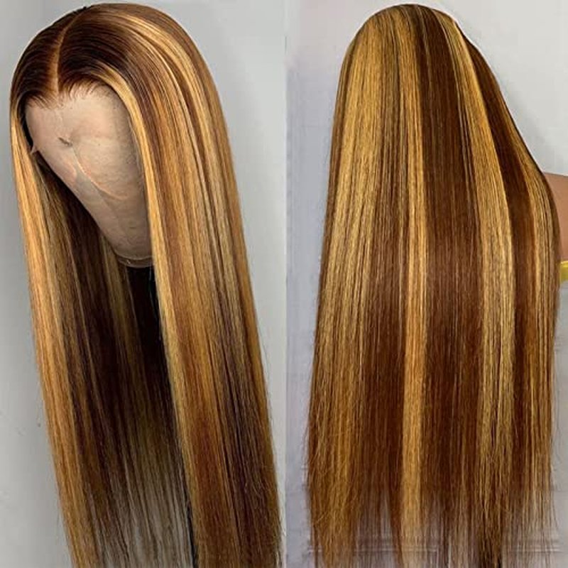 Lemoda Outlet Deals 13x6 Highlight Ombre Lace Front Wig Human Hair 180 Density 22 Inch Straight Transparent Lace Pre Plucked Honey Blonde Human Hair Wigs for Women P4/27 Color
