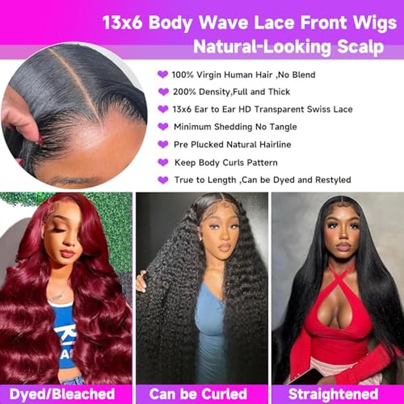 26 Inch 13x6 Body Wave Lace Front Wigs Human Hair 200 Density 13x6 HD Lace Front Wigs Pre Plucked Wavy Glueless Wig 100% Virgin Human Hair Lace Frontal Wigs for Women