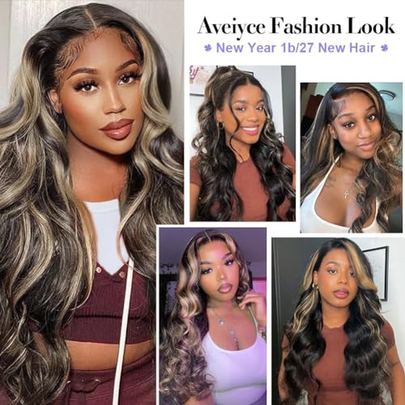 13x6 Highlight Ombre Balayage Lace Front Wigs Human Hair 1b/27 Black and Blonde Lace Frontal Body Wave Wig Pre Plucked with Baby Hair for Black Women HD Transparent 180% Density Wig 18 Inch