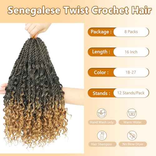 Senegalese Twist Crochet Hair with Curly Ends - 16 Inch Boho Island Twist Crochet Hair 8 Packs Boho Goddess Twist Crochet Hair Pre Looped Crochet Twists with Curly Ends(16(8Packs), 1B/27)