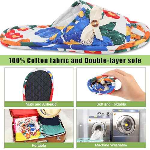 Chuarry 5 Pairs Floral Cotton House Slippers for Women, Soft Open Toe Indoor Spa Slippers for Guests Non Slip Washable Comfortable Portable Shoes for Hotel Travel Bedroom Airplane Party