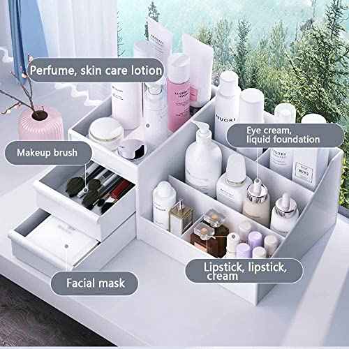 Makeup Desk Organizer with Drawers, Countertop Organizer for Cosmetics, Vanity Holder for Lipstick, Brushes, Lotions, Eyeshadow, Nail Polish and Jewelry (White)