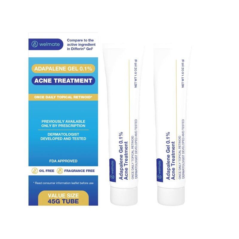 WELMATE Adapalene Gel 0.1% Acne Treatment, 2 Pack (180 Day Supply) - Topical Retinoid for Face, Helps Clear Blackheads & Pimples, Once Daily, Oil Free, Fragrance Free, 1.6 oz/Pack
