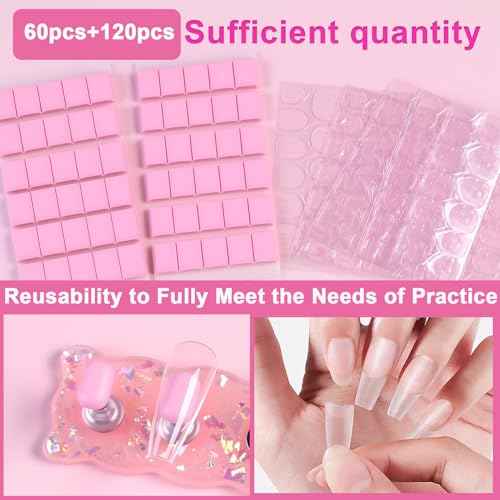 Pink Nail Stand for Press Ons - 2 Nail Holder for Painting Nails 10 Nail Stands 60 Sticky Tack 120 Adhesive Nail Tabs 1 Flower Nail Base - Press on Nail Stand Practice for Home Salon Supplies