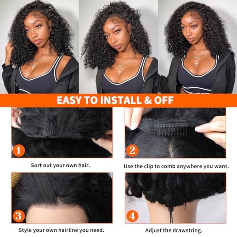 Kinky Curly Half Wig Human Hair 250 Density Headband Wig Human Hair Glueless Wigs Wear And Go Drawstring Seamless Flip Beginner Friendly Curly Wig Human Hair Wigs For Black Women 16 Inch