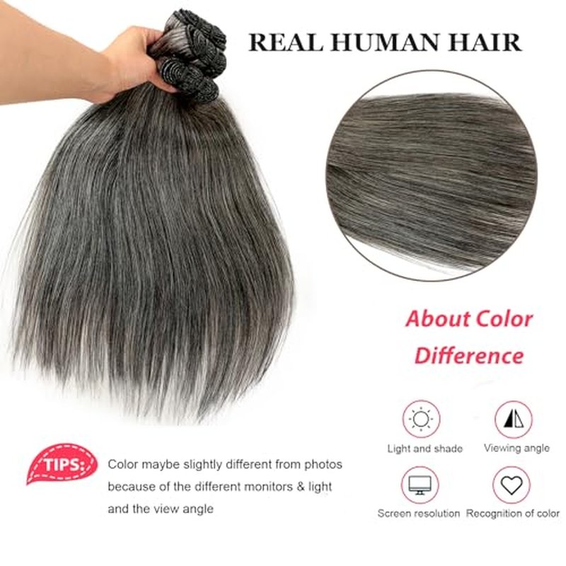 Salt and Pepper Human Hair Bundles Straight 14 14 14 inch Natural Gray Bundles Human Hair 12A Grey-White Quick Weave Hair Extensions Double Weft