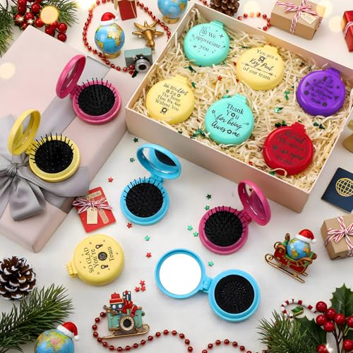 Thyle 12 Pcs Christmas Team Appreciation Gifts for Employee Inspirational Folding Travel Hairbrush with Mirror Bulk Handheld Mirror Hair Brush Thank You Gift for Xmas Women Coworker Staff Nurse