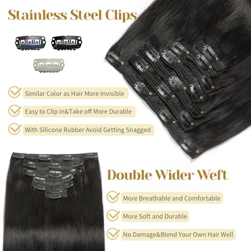 Clip in Hair Extensions Real Human Hair, Natural Black ? 20 Inch 7pcs 160g/Pack, Soft Hair Extensions Real Human Hair Clip ins Straight Suitable for all Hair Types (#1B 20 Inch)