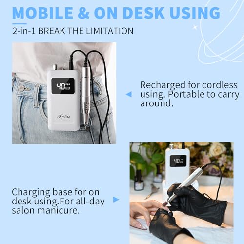 Kredioo Professional Nail Drill Brushless 40,000RPM Rechargeable 2-in-1 Portable Electric Nail File Ultra Silent Salon Must Haves Nail Tool Kit Removing Acylic Gels