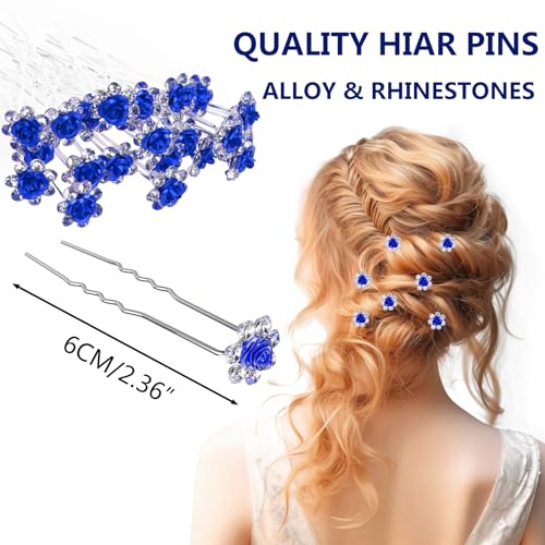 UHONEMY 25pcs Bridal Wedding Hair Pins with Crystal Rose Flower Crystal Diamante Rose Flower Rhinestone Hair Pins Hair Clips for Bridal Wedding Women Hair Jewelry Accessories (blue)