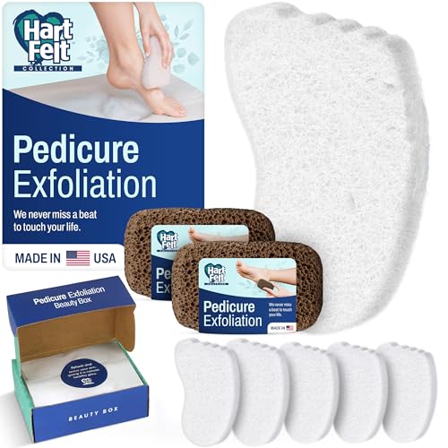 HartFelt Pedicure Exfoliation Beauty Box with 6 Exfoliating Foot Scrubber Bath Sponges & 2 Magic Pumice Stone for Feet Callus Remover | Gentle Sponge Pad & Foot Scrubbing Stone for Deep Cleansing