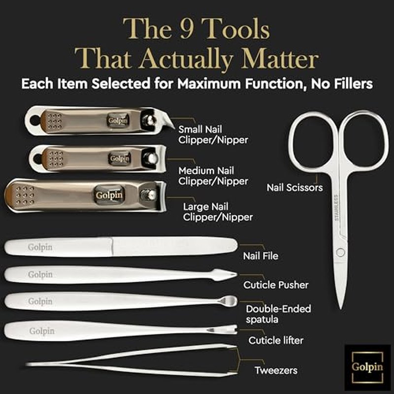Nail Clippers for Men ? GOLPIN Manicure Kit for Men & Women ? 9 Pcs Stainless Steel Tools with Travel Nail Kit Case, Nail Clippers, Cuticle Pusher, File, Gift Ready Women & Mens Manicure Set