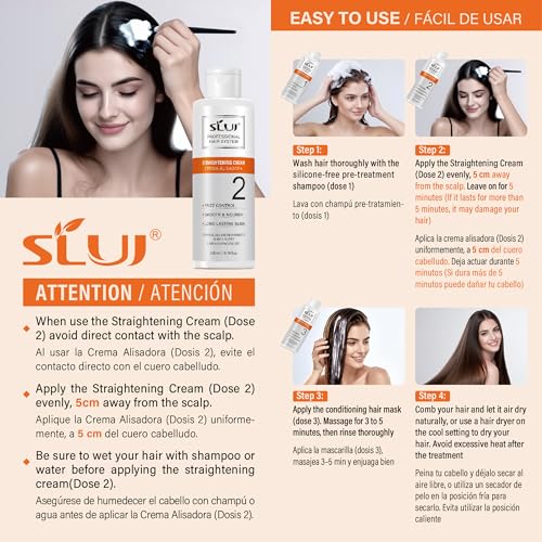 SLUJ Keratin Hair Treatment, Brazilian Straightening Cream with Keratin, Collagen & Hyaluronic Acid,18 Week Home Salon Professional Straightening - Keratina para Alisar el Pelo, Gentle Scent, 2 x Use