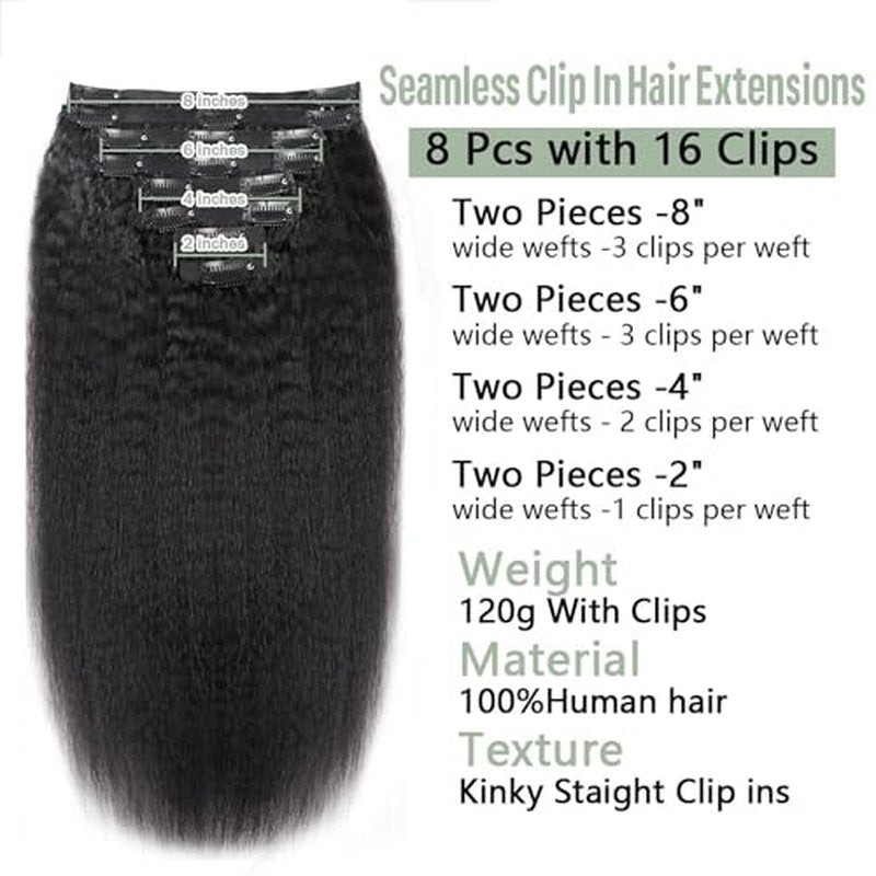 Seamless Clip in Hair Extensions Real Human Hair Kinky Straight Clip ins Brazilian Virgin Human Hair Extensions for Women 8Pcs PU Clip in Remy Hair Skin Weft 18Clips 120g (26inch,Natural Black)