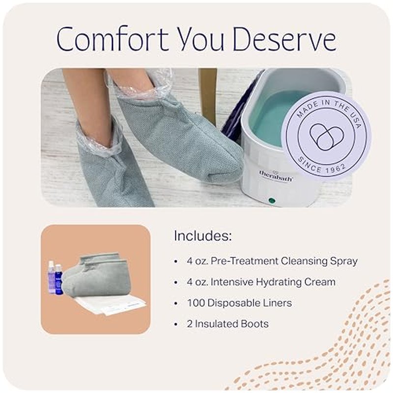 Therabath Foot ComforKit for Paraffin Wax Bath, Arthritis and Skin Therapy, Includes 2 Insulated Boots, 100 Liners, 4 oz. Pre-Treatment Spray, Intensive Hydrating Cream, for Home or Spa, Made in USA