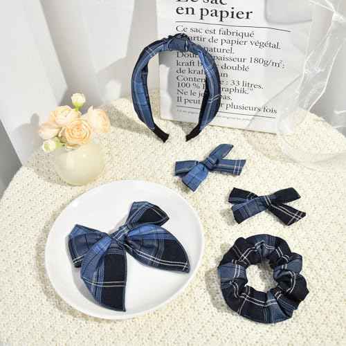 DEEKA School Uniform Plaid Hair Bows & Knotted Plaid Headband & Scrunchies Fable Hair Bow Set Alligator Clips for Toddler Girls Hair Accessories for Little School Girls (Navy Blue)