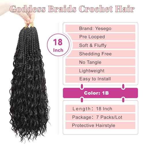 Boho Crochet Braids for Women Black 18 Inch 7 Packs Boho Braids Crochet Hair with Curly Ends Pre Looped Bohemian Crochet Hair Extensions, 1B