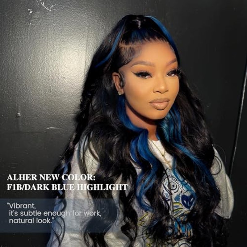 ALHER Black Mix Midnight Blue Bundle Human Hair Body Wave, 12A Soft Thick 3 Bundles Wavy Human Hair, 100% Remy Hair Balayage Two Tone Subtle Colored Double Weft (#1B/Blue, 12 14 16 IN)