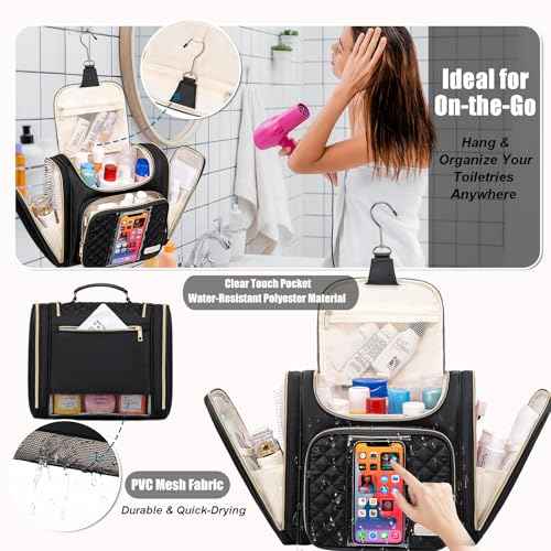 Travel Toiletry Bag for Women, Hanging Toiletry Bag, Bathroom Bag Portable Shower Caddy for College Dorm Travel Shower Bag for Women Water-Resistant Cosmetic Makeup Bag (Black)