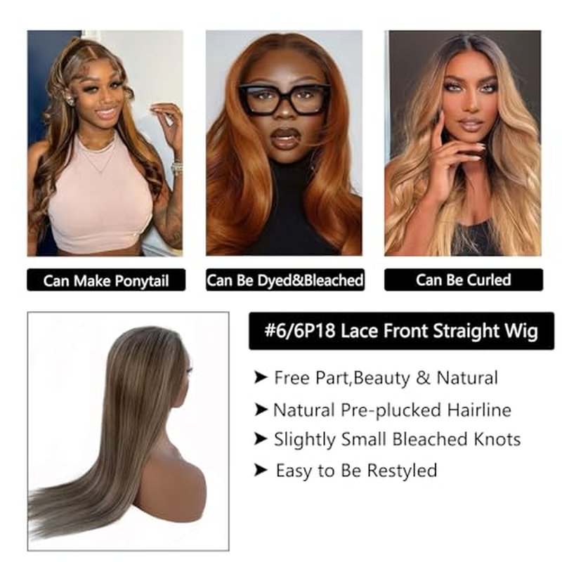 13*6 Ombre Lace Front Human Hair Wigs,6/6P18 Highlight HD Lace Front Real Brazilian Straight Wig for Women,Light Brown to Brown with Ash Blonde,Pre Plucked Natural Hairline with Bleached Knots