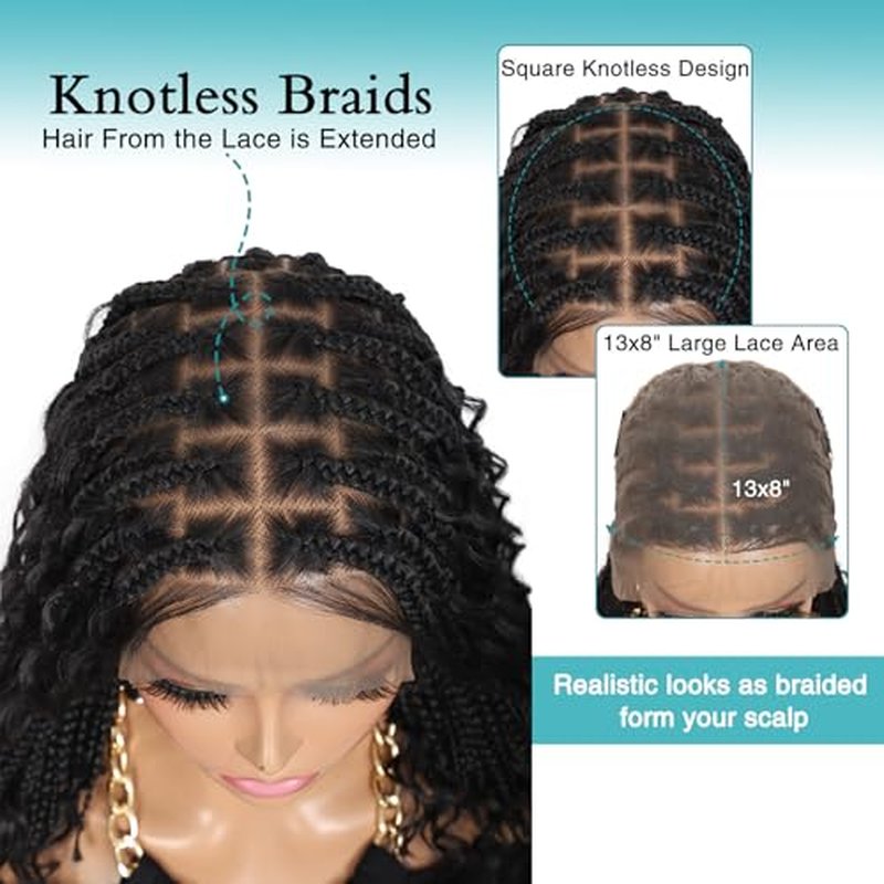 Kalyss 12inch 13x8 HD Lace Front Short Boho Braided Wigs for Women Full Lace Knotless Braided Wig with Bohemian Curly Box Braid Wig with Baby Hair Natural Black Premium Synthetic Braid Wigs