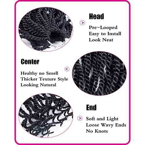 Wavy Senegalese Twist Pre-twisted Kids Crochet Hair 12 Inch Braids 2 Packs Synthetic Hair Extension(1B#, 12 Inch)