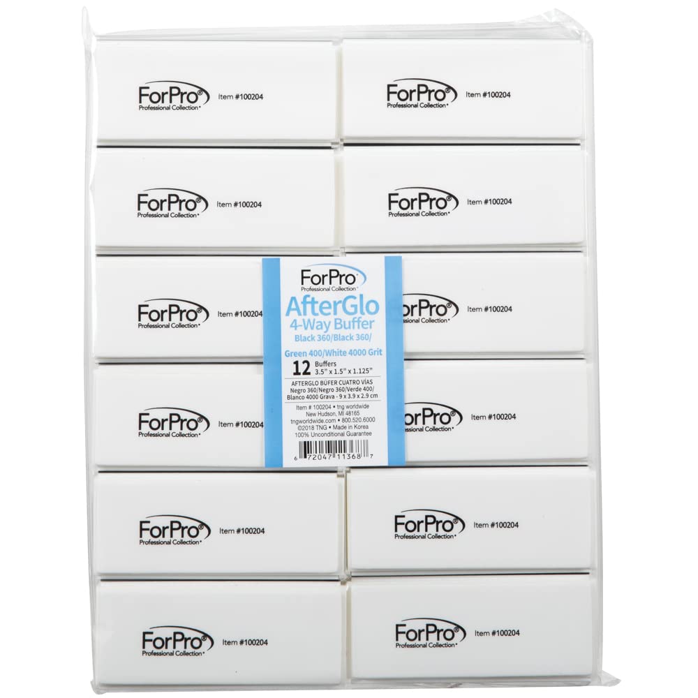 ForPro AfterGlo 4-Way Buffer, Black 360/Black 360/Green 400/White 4000 Grit, Four-Sided Manicure and Pedicure Nail Buffer, 1.125” H x 1.5” W x 3.5” L, 12-Count (Pack of 2)