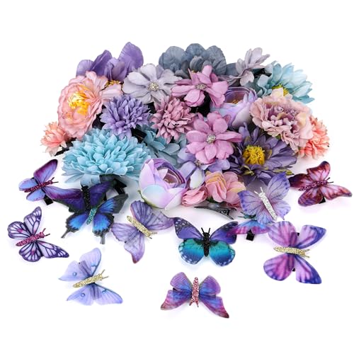 33 Pieces Flower Clip with Butterfly Clip Set Handmade Rose Hair pins Bride Hair Claw Clips Colorful Butterfly Barrettes for Women Girls(Blue Purple)