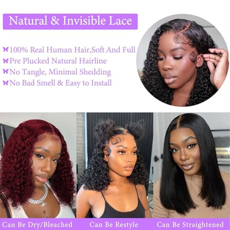 Short Bob Wig Human Hair 13x6 Frontal Lace Wig 200% Density HD Lace Front Wigs Human Hair Pre Plucked Bob Wigs for Women Curly Human Hair Wig Natural Black 18 Inch